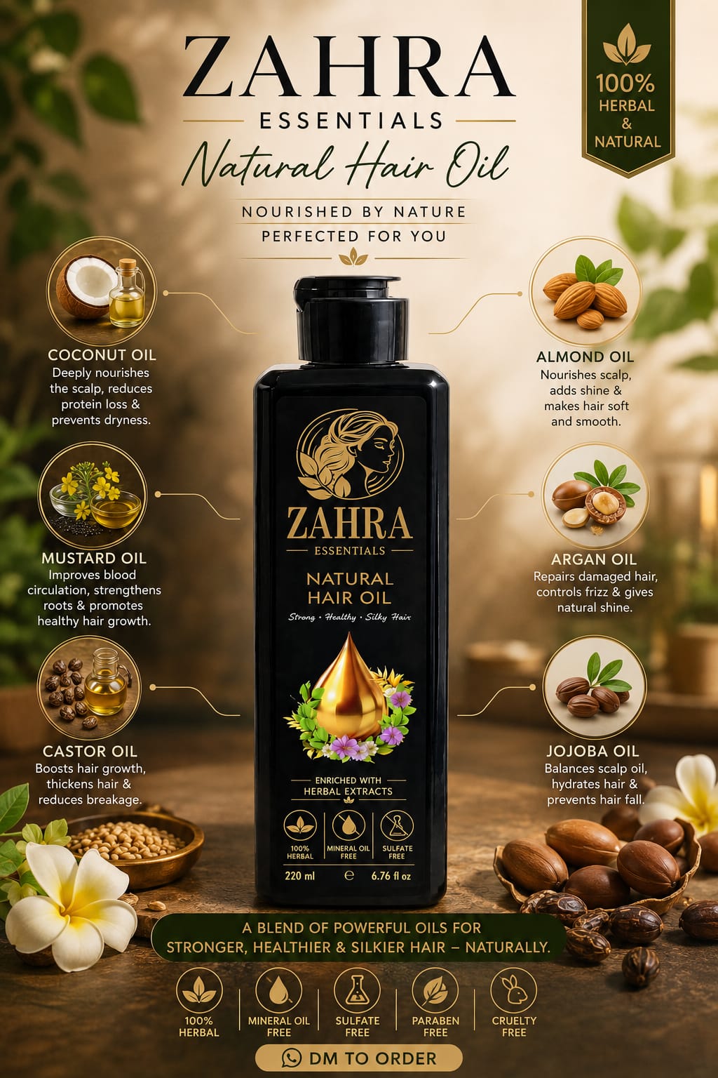HAIR OIL MADE WITH NATURAL HERBAGE (COCONUT, MUSTARD, CASTOR, ALMOND, ARGAN, JOJOBA)